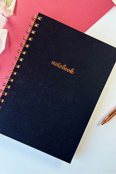 Martius Art A5 Spiral Hard Cover Linen Plain Unlined Undated Notepad Black Copper Gilding