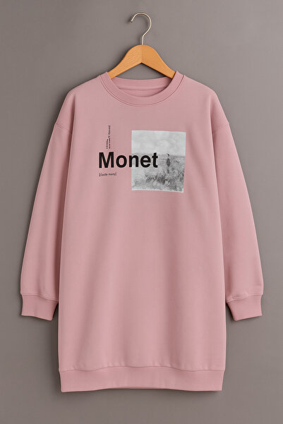 PONÇİK Γυναικείο μακρύ φούτερ/τουνίκ με στάμπα oversized 24539 Dusty Rose