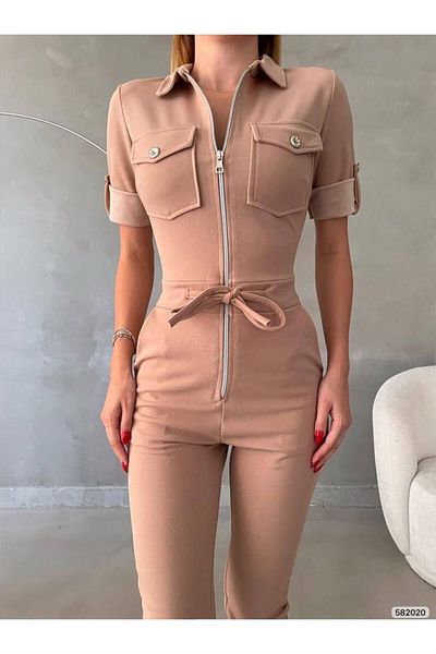 rengamoda Women's Beige Imported Crepe Fabric Zippered Pocket Detail Belted Jumpsuit