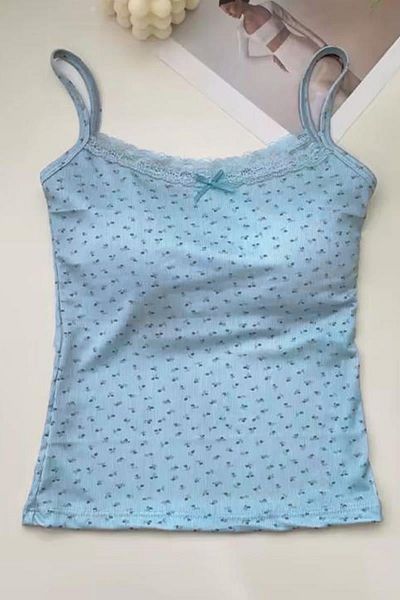 Karakedi Blue Tiny Bow and Floral Patterned Y2K Supported Strap Crop
