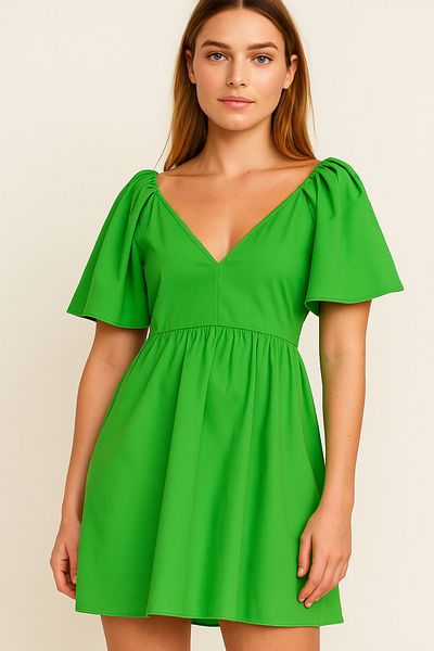 MyRia Green Short Sleeve Open Collar Short Dress