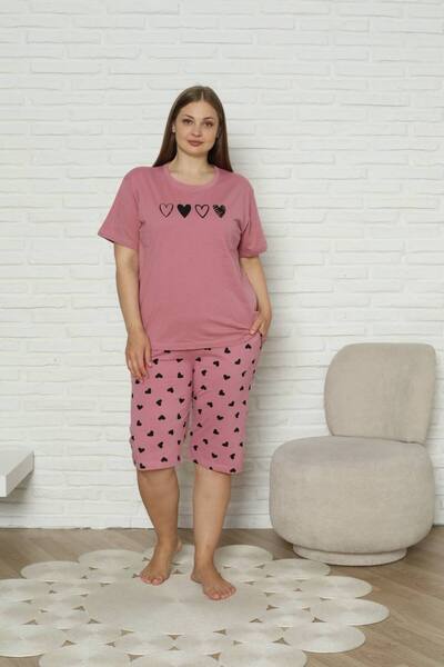 shopshop Women's Pink Plus Size 100% Cotton Summer Short Sleeve Pocket Capri Bermuda Pajamas Set