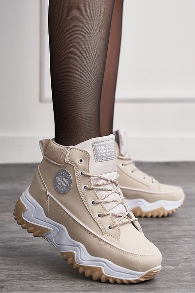 İmerShoes Μπεζ χρώμα Γυναικείο Sneaker - Glitter Λεπτομέρεια, Ψηλό Χοντρό Τακούνι, Άνετα Αθλητικά Παπούτσια Αστραγάλου 2410