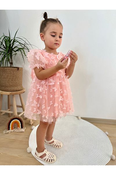 2kids2mom Butterfly Patterned Salmon Color Dress Short Sleeve Bow Birthday Party Wedding Special Occasion Tulle Lined