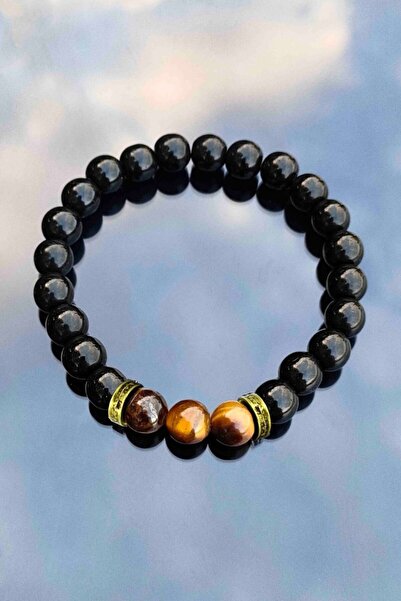 Takı Dükkanı Parlak Oniks Kaplan Gözü Taşlı Bakır Detaylı Unisex Bileklik okbp