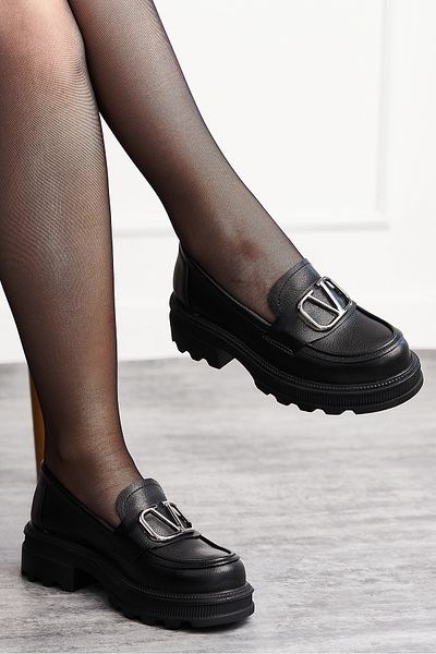 İmerShoes Черни мокасини - V катарама, дебел ток и мокасини с овални пръсти 7455