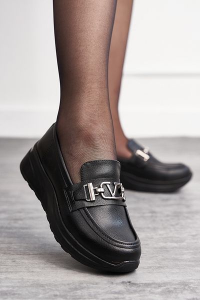 İmerShoes Pantofi de balerină mocasin negru pentru femei de zi cu zi cu cataramă în V cu toc gros, talpă zimțată 7697