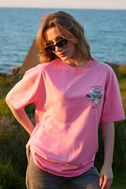 Velvoria Γυναικείο μπλουζάκι oversized Release Your με τύπωμα σε ροζ χρώμα