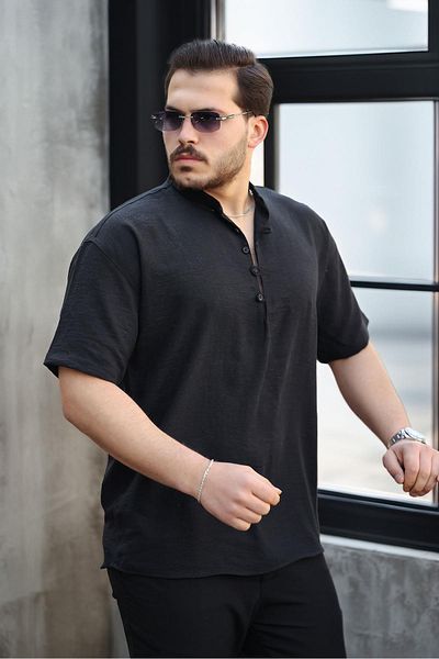 Valiberta Wes Oversize Half Placket Bamboo Short Sleeve Shirt - Black