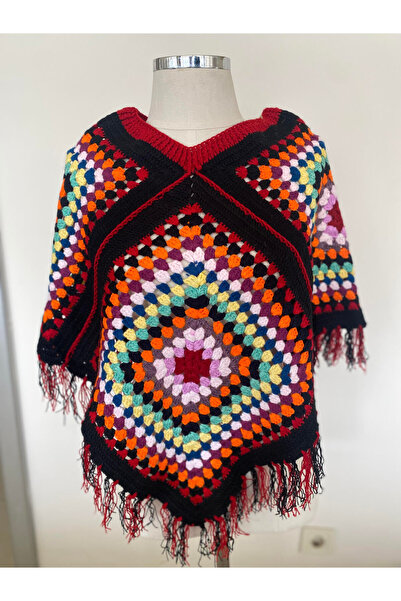 Mersin Alzheimer Derneği Siyah Renk Üzerine Renkli Desen El Örgüsü Panço En:6...