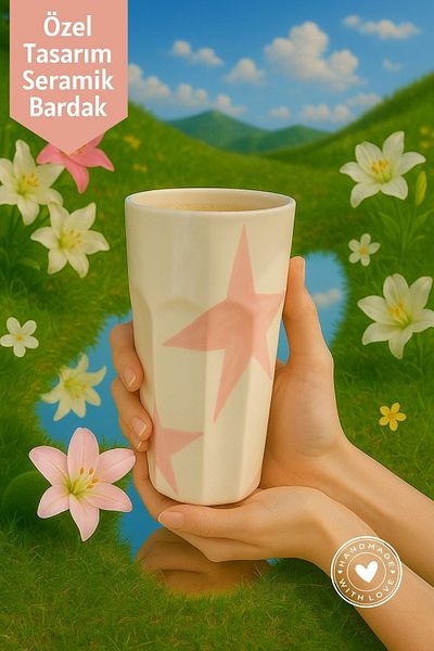 Mim and More Pink Star Patterned Handmade Ceramic Cup – Special Design