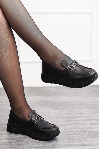 İmerShoes Pantofi de balerină mocasin negru pentru femei de zi cu zi cu cataramă în V cu toc gros, talpă zimțată 7697