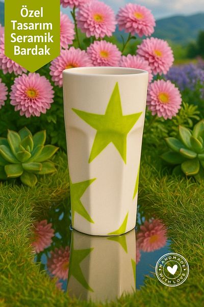 Mim and More Green Star Patterned Handmade Ceramic Cup – Special Design