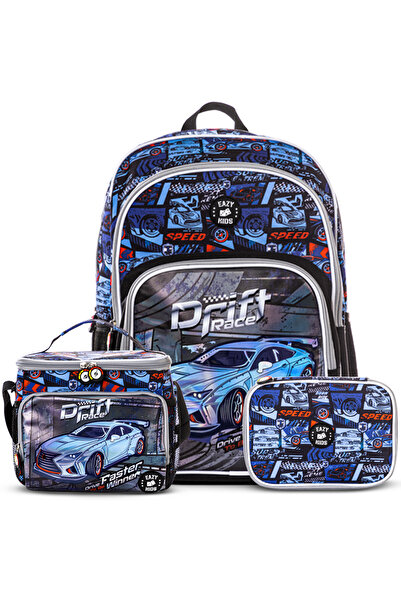 Eazy Kids 18" Set of 3 Backpack w/ Lunch Bag and Pencil Case - Car Racing