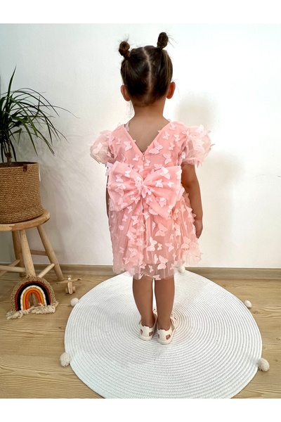 2kids2mom Kelebek Desenli Somon Rengi Elbise Kısa Kollu Fiyonklu Doğum Günü Parti Düğün Özel Gün Tüllü Astarlı