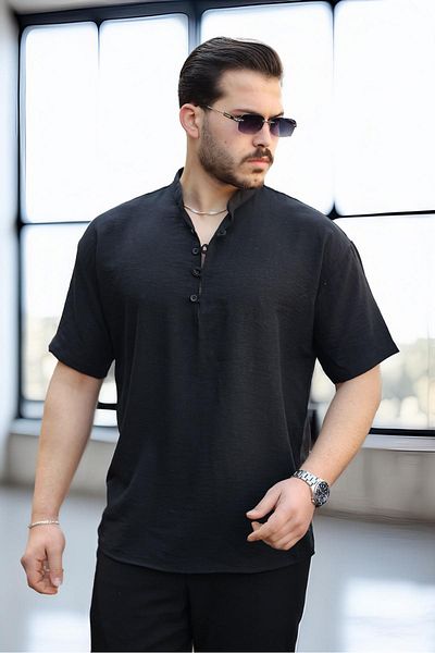 Valiberta Wes Oversize Half Placket Bamboo Short Sleeve Shirt - Black