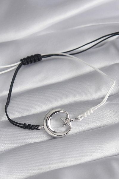 Takı Dükkanı Unisex Black and White Bracelet with Crescent and Star - Drawstring Bbb25