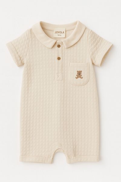 Uğur bebe Baby Boy Cream Polo Neck Teddy Bear Patterned Summer Cotton Jumpsuit – New Season Stylish Baby Outfit