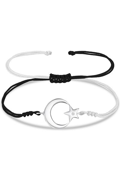 Takı Dükkanı Unisex Black and White Bracelet with Crescent and Star - Drawstring Bbb25