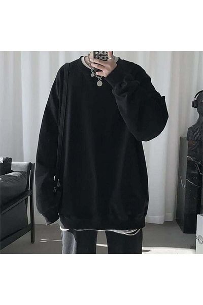 Köstebek Plain Black Medium Thick Fabric Unisex Long Sleeve