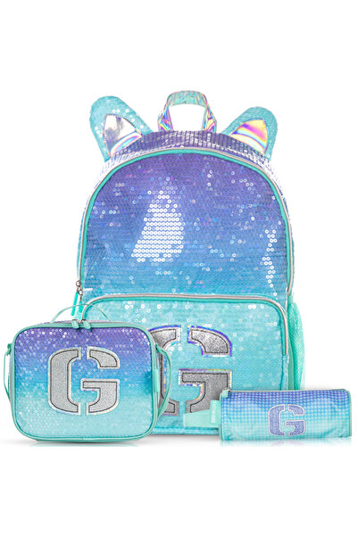 Eazy Kids 17" Set of 3 Backpack w/ Lunch Bag and Pencil Case - Girl Glitter Green