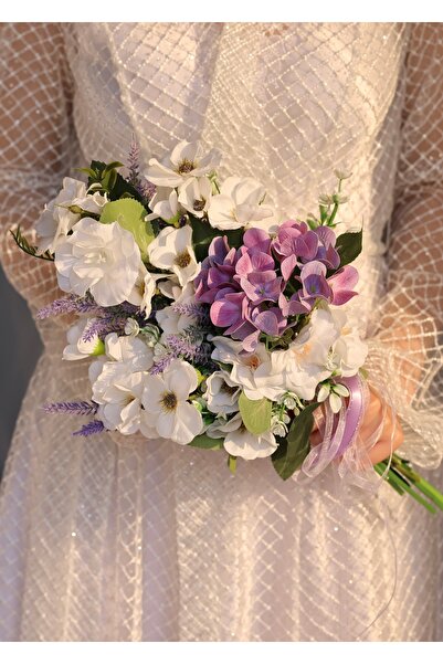 DUGİNA Modern Trend Gelin Buketi Mor Lila Pembe Ortanca Beyaz Kır Çiçekleri N...