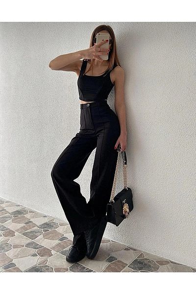 Livik Rosse Gold Black Women's Palazzo Trousers - Double Button, Super High Loose