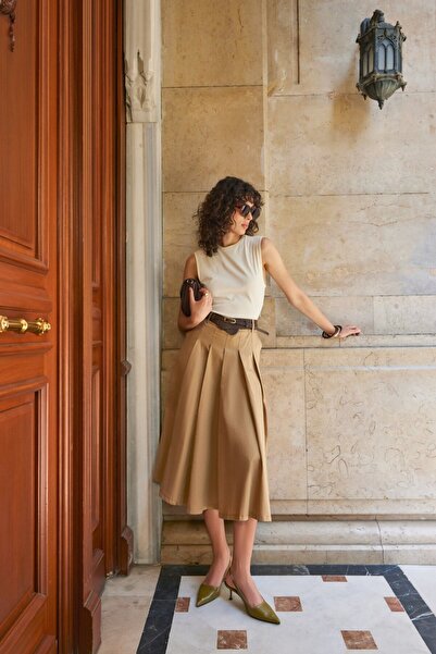 Seniorah Γυναικεία παπούτσια με τακούνι με λεπτομέρεια από καουτσούκ από χακί δέρμα