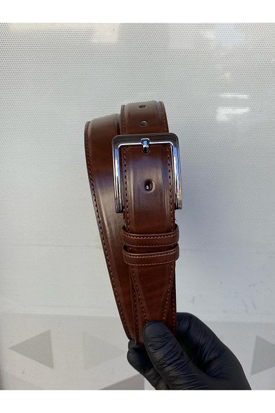 Gesa Men's Faux Leather Classic Stitching Brown Belt 3.5 cm