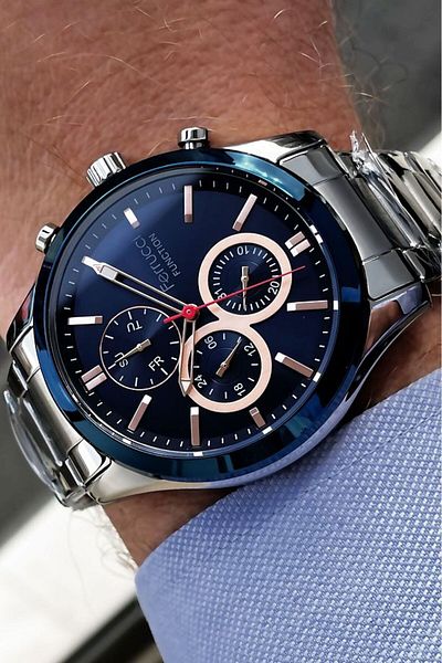 Ferrucci Men's Wristwatch with All Functions Active Calendar 3 Atm Waterproof Silver Color Steel Band