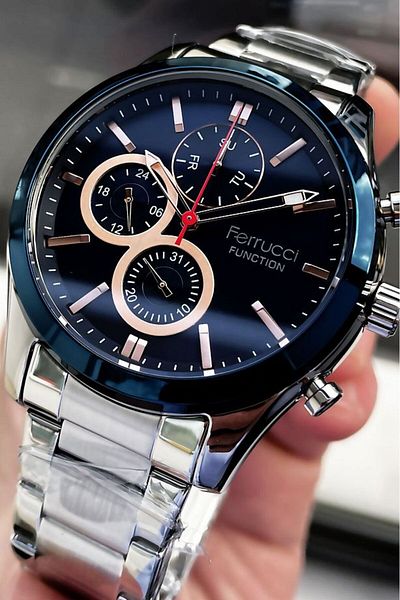 Ferrucci Men's Wristwatch with All Functions Active Calendar 3 Atm Waterproof Silver Color Steel Band