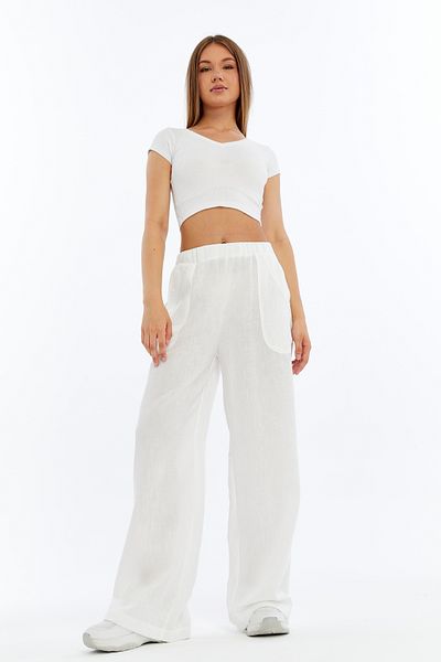 diaves Women's White Linen Casual Pants with Elastic Waist