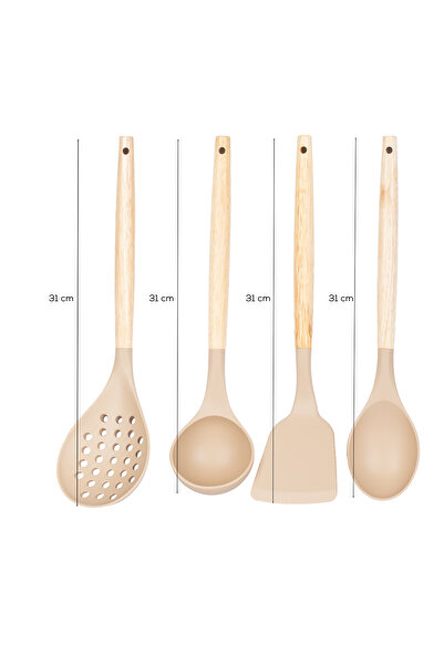 Porsima 3167 Bamboo Wooden Handle Silicone 4 Piece Serving Set Kapicino