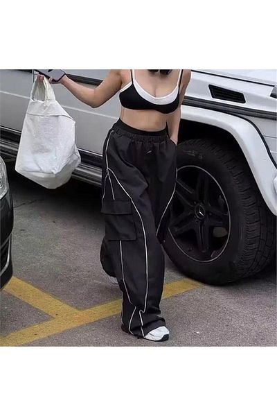 Köstebek Black Elastic Trousers with White Stripe Detail and Cargo Pocket