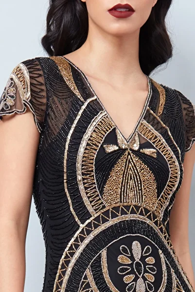 GATSBYLADY LONDON Mary Fringe Dress In Black Gold