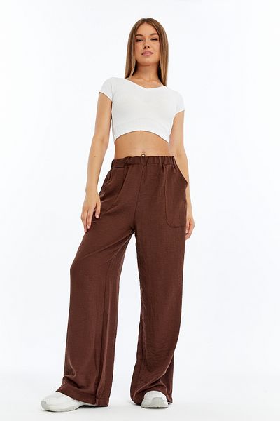 diaves Women's Brown Linen Loose Trousers with Elastic Waist