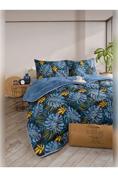 Sudemhome لحاف مزدوج من الصوف الناعم الفاخر من Welsoft Elite وغطاء وسادة Monestera Indigo
