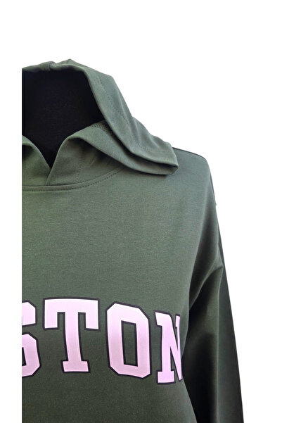 AHMERA Unisex Khaki Green Regular Fit Hooded Kangaroo Pocket Long Sleeve Printed Sweatshirt