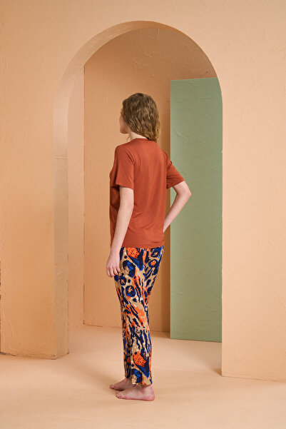 PJS Kadın Kiremit Desenli V Yaka Kısa Kollu Pijama Takım