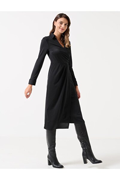 Jimmy Key Čierne pletené midi šaty rovného strihu s vysokým golierom a dlhým rukávom