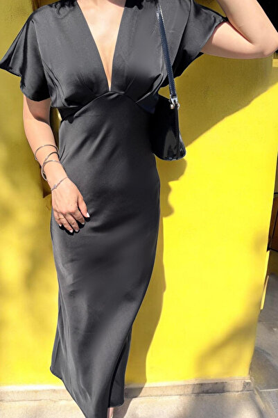 thesunfyre Rochie midi din satin cu decolteu în V pentru femei