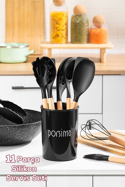 Porsima 3165 Metal Stand Bamboo Wooden Handle Silicone 11 Piece Serving Set Black