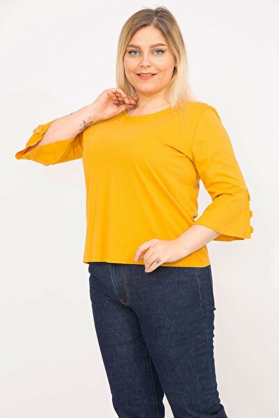 Şans Női mustár nagy méretű pamut szövet ujjak díszgombokkal Capri ujjú blúz 65n35766