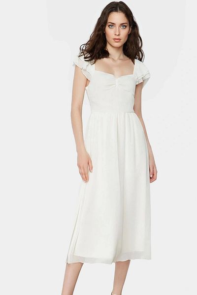 PayBuy Summer Chiffon Midi Dress Gathered Sleeves Skater Fit Lined Modern Style Comfortable and Stylish