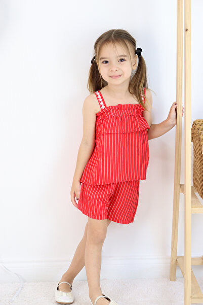 FESSHERA KİDS Girls' Strappy Striped Shorts Set – Ruffle and Floral Embroidery Detail
