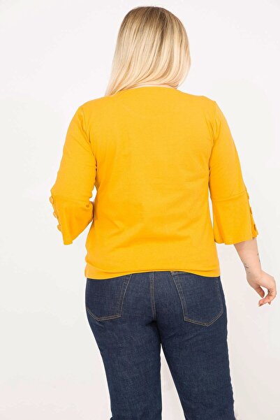 Şans Női mustár nagy méretű pamut szövet ujjak díszgombokkal Capri ujjú blúz 65n35766