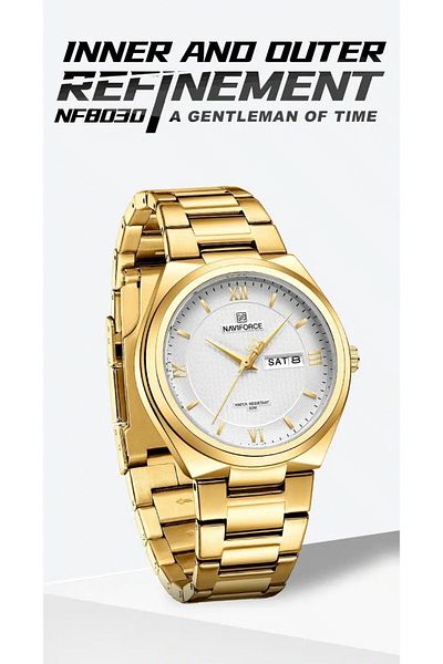 Naviforce Mens Gold Dial Gold Stainless Steel Strap Watch Analog Quartz Waterproof with Day and Date Display