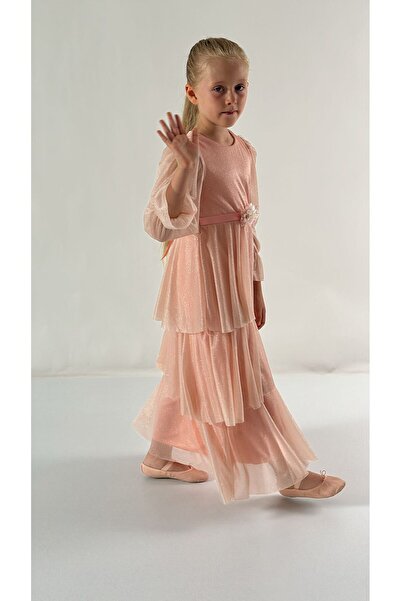 DFN Long Sleeve Layered Tulle Skirt Evening Dress