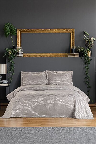 Faiend Modern Tasarımlı Jakarlı Şönil Çift Kişilik Yatak Örtüsü (gri)