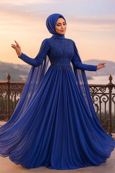 Neva Style Μανδύα Indigo Blue Hijab Βραδινό Φόρεμα 22162ım